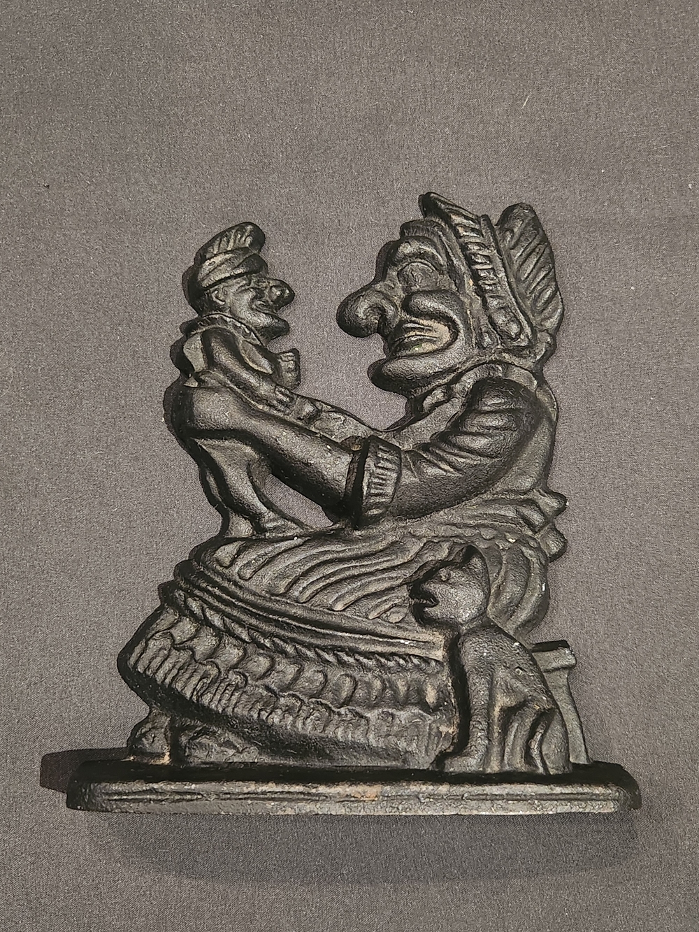 Punch & Judy w/ Cat Cast Iron Bookend Doorstop Signed Robert Emig Black 7"